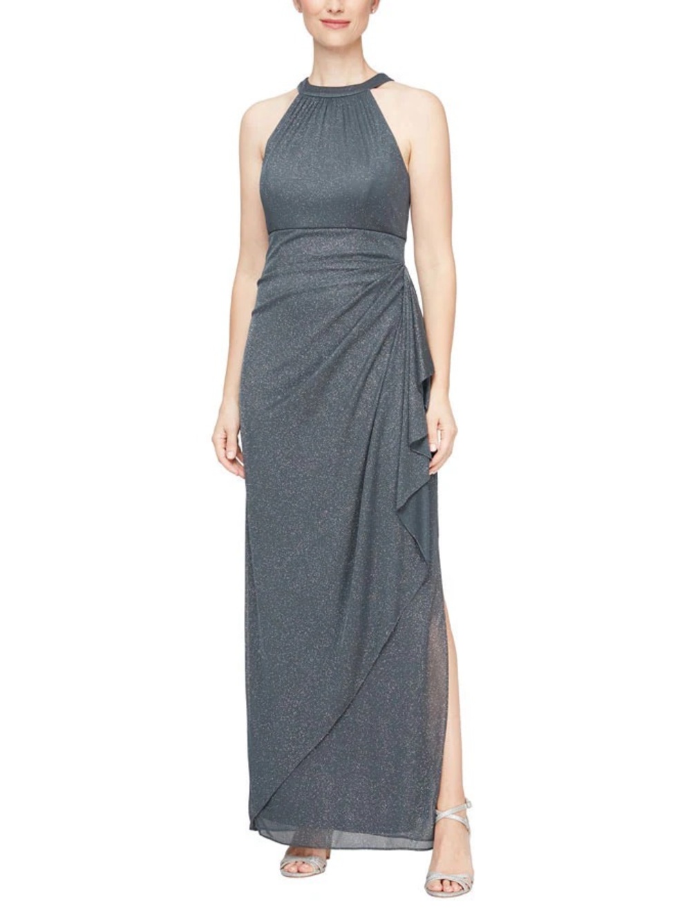 Alex Evenings Shimmer Halter Maxi Gown - Charcoal